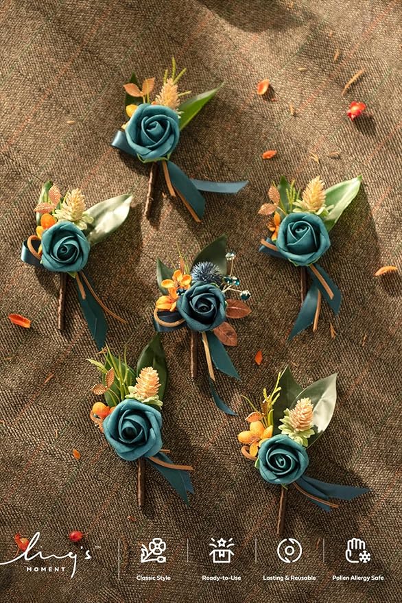 Ling's moment Boutonniere for Men, 6pcs Groom Groomsmen Boutonniere, Artificial Flowers for Wedding Decor/Prom/Homecoming, etc.Dark Teal Burnt Orange