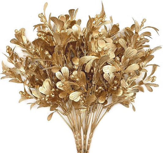 PASYOU Fake Plants Christmas Decorations, Golden Artificial Flowers Plastic Grass Shrubs Leaves Indoor Outdoor Home Garden Party Hotel Verandah Wedding Event Bouquet Faux DIY Decor - Gold 4 Pack