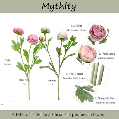 7 pcs Peony Artificial Flowers with Stems, Faux Ice and Opal Pink Ranunculus Mixed, Silk Flowers Arrangement for Home Office Farmhouse Indoor Decor, Kitchen Dining Table Centerpiece Decor