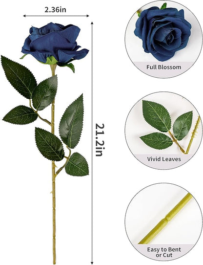 DuHouse 10pcs Silk Roses Artificial Flowers Fake Rose for Arrangement Wedding Party Home Decoration (Navy Blue)