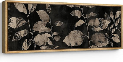 SIGNFORD Large Framed Canvas Print Wall Art Modern Noir Leaves Monochrome Botanical Shadows Illustrations Modern Art Calm Warm for Living Room, Bedroom, Office - 60"x20"
