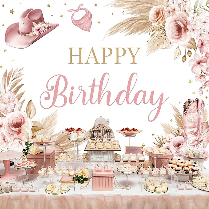 Riyidecor Pink Cowgirl Happy Birthday Backdrop Western Bohemian Pampas Flower 7Wx5H Feet Polyester Fabric Boots Hats Photography Background for Women Girl Table Decor Banner Studio Photo Shoot