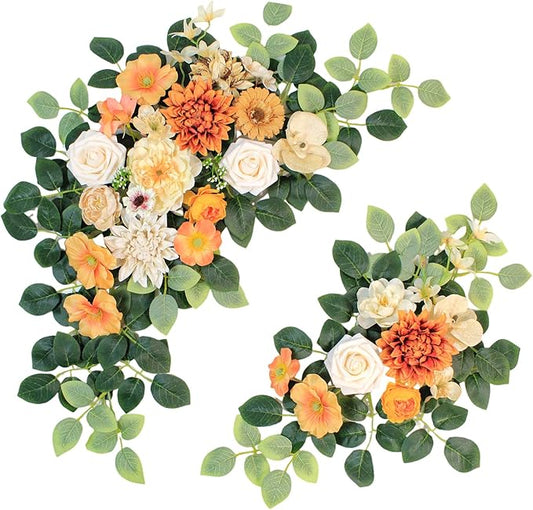 Pack of 2 Wedding Arch Decorations Artificial Hanging Flowers Floral Swag for Wedding Welcome Sign Backdrop Balloon Arch Home Party Bridal Ceremony Reusable(Orange)