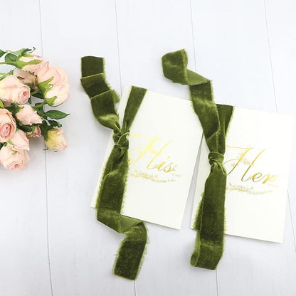 Moss Green Silk Velvet Ribbon 1.5 Inch Rustic Style Raw Edge Olive Green Frayed Edge Fringe Gift Ribbon for Wedding Invitation Bridal Bouquet -3yards
