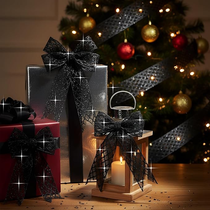 Geosar 20 Yards Black Mesh Glitter Wired Ribbon for Christmas Tree Decorations, Gift Wrapping, DIY Craft, Xmas Wreaths, Cabinet Decor (2.5 Inch)