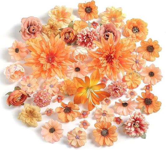 Fall Artificial Flower Heads Combo - 48pcs Orange Silk Flowers Bulk Faux Rose for Wedding Decor, Bridal Bouquets, Graduation Parties, Cake Toppers & Home DIY Crafts
