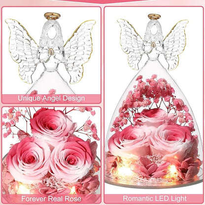 Christmas Rose Gifts for Women Preserved Real Flower in Glass Angel Figurines Roses for Delivery Prime Birthday Gifts for Mom Grandma Girlfriend Wife Her, Pink White