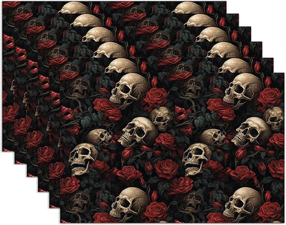 Skull Rose Placemats Set of 6,Washable Heat Resistant 12×18 Inch Linen Table Mats Floral Place Mats for Party Outdoor Dining Décor