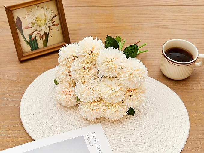 SITUMEIZI 12 Pcs Champagne Artificial Chrysanthemums Flowers Ball Flower Fake Mums Silk for Wedding Home Kitchen Decoration Floral Arrangement