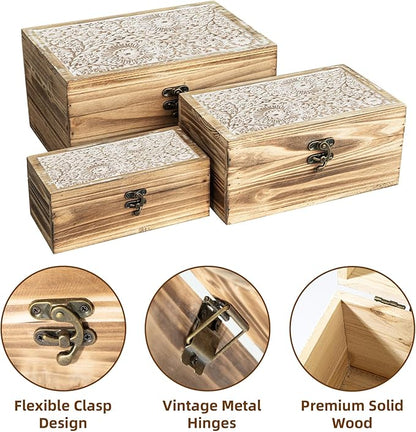 Set of 3 Wood Decorative Boxes, Rustic Farmhouse Keepsake Box Wooden Box with Hinged Lid and Floral Carved Design, Decorative Boxes for Home Decor, Brown