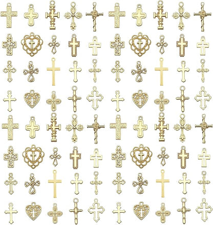 WOCRAFT 60pcs KC Gold Cross Bracelet Charms for Jewelry Making Sets DIY Necklace Bracelet Keychain Crafting Charms Kit Craft Supplies (SN908)