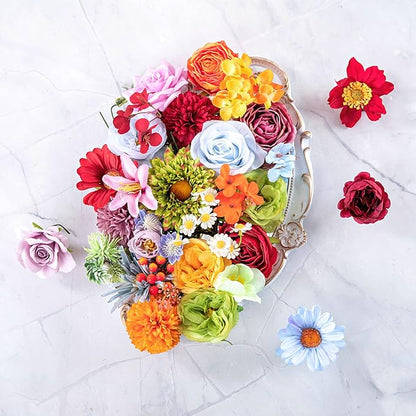 ASTRYAS 38Pcs Colorful Artificial Flowers Combo Box, Fake Silk Rainbow Flowers Faux Floral Arrangement for Christmas DIY Wedding Bridal Bouquets Baby Showers Table Centerpieces Home Decoration