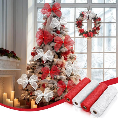 Chuangdi 4 Rolls Poly Burlap Mesh Poly Burlap Deco Ribbon Mesh Roll for Christmas Spring Summer Easter 4th of July DIY Flower Wreath Garland, 10 Inch