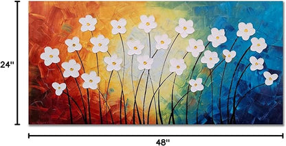 Yihui Arts Hand Painted Textured Flower Oil Painting on Canvas - Colorful Abstract White Floral Artwork for Home Decor, Modern Wall Art for Living Room, Bedroom, Office