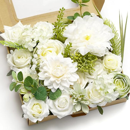 Artificial Flower Combination Box Set Artificial Flower Loose Leaves and Stems DIY Wedding Center Bouquet Bride Wedding Baby Shower（White）