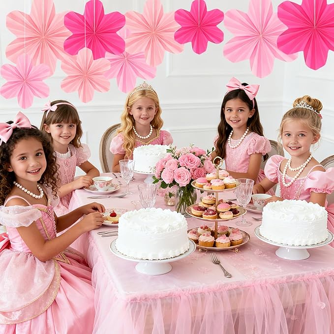 9 Pcs Pink Paper Flower Party Decorations, Hot Pink Paper Fans Hanging Ornaments Pink Birthday Decorations for Classroom Floral Backdrop Wedding Baby Showers Wall Decor