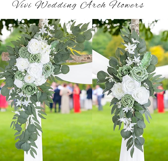 ponatia Wedding Arch Flowers with 26Ft White Arch Draping Fabric, Artificial Sage Green Wedding Flowers for Wedding Welcome Signs Decorations and Arch Flowers for Wedding Ceremony Reception