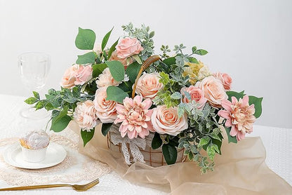 YYHUAWU Artificial Flowers Combo Box Set Gradient Color Flower Leaf with Stems for DIY Wedding Bouquets Centerpieces Baby Shower Party Home Decorations Peach
