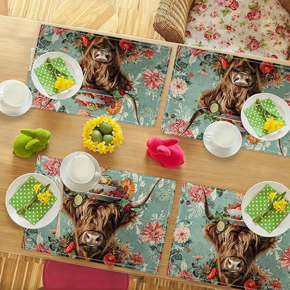 Highland Cow Placemats Set of 4 Farmhouse Flower Cattle Fruits Placemats Funny Animal Table Mats Wildlife Farmhouse Cow Place Mats for Party Kitchen Dining Decoration 4 PCS