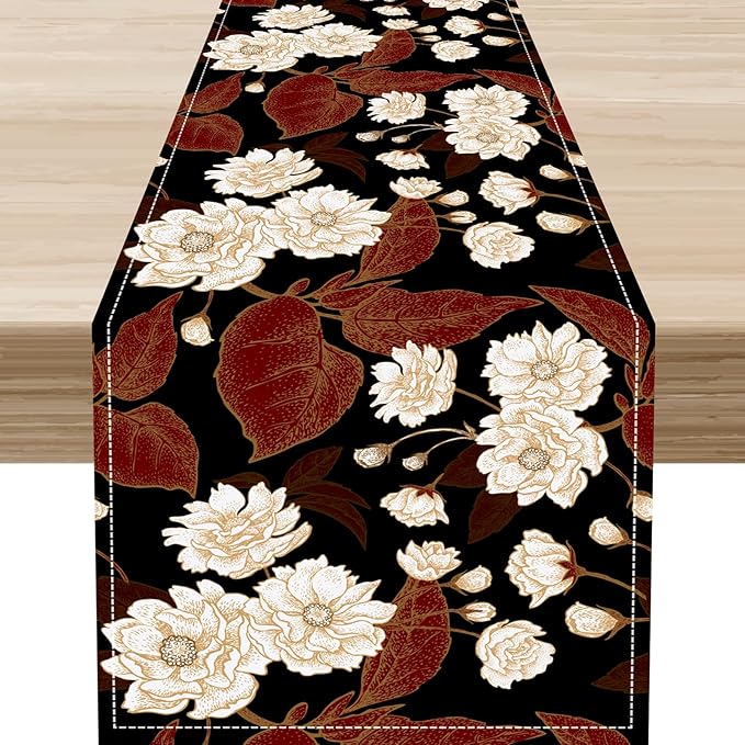 Boho Floral Table Runner, Black White Minimalist Vintage Rustic Flower Botanical Leaf Print Table Center Decor for Family Kitchen Table Decorations Indoor Outdoor 13x90 inch