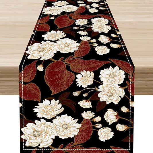 Boho Floral Table Runner, Black White Minimalist Vintage Rustic Flower Botanical Leaf Print Table Center Decor for Family Kitchen Table Decorations Indoor Outdoor 13x108 inch