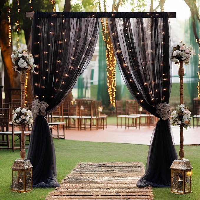 30x8ft Black Tulle Backdrop Curtain with Lights String for Parites, Sheer Backdrop Curtains for Wedding Baby Shower Birthday Party Photo Shoot Decorations