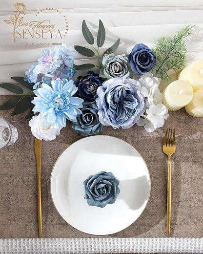 Senseya Artificial Flowers Combo Box for Decoration,Silk Mix Fake Flowers with Stems DIY Wedding Bouquets,Artificial Flowers Bulk Box Set Home Cake Decor (Blue)