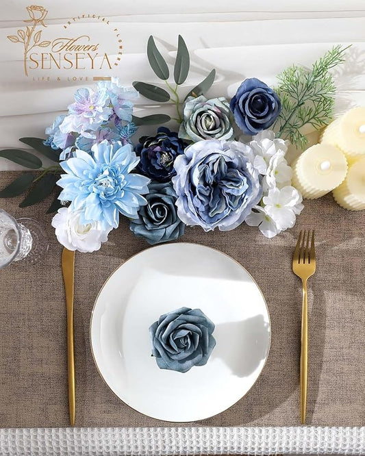 Senseya Artificial Flowers Combo Box for Decoration,Silk Mix Fake Flowers with Stems DIY Wedding Bouquets,Artificial Flowers Bulk Box Set Home Cake Decor (Blue)