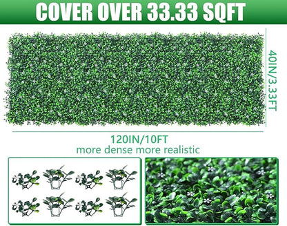 Artificial Boxwood Roll Panels with Flowers,40"x 120"(33.33 sq.ft) UV-Anti Faux Ivy Leaves Privacy Fence Screen Grass Wall Roll Panels for Indoor Home Decor and Outdoor Garden Backyard