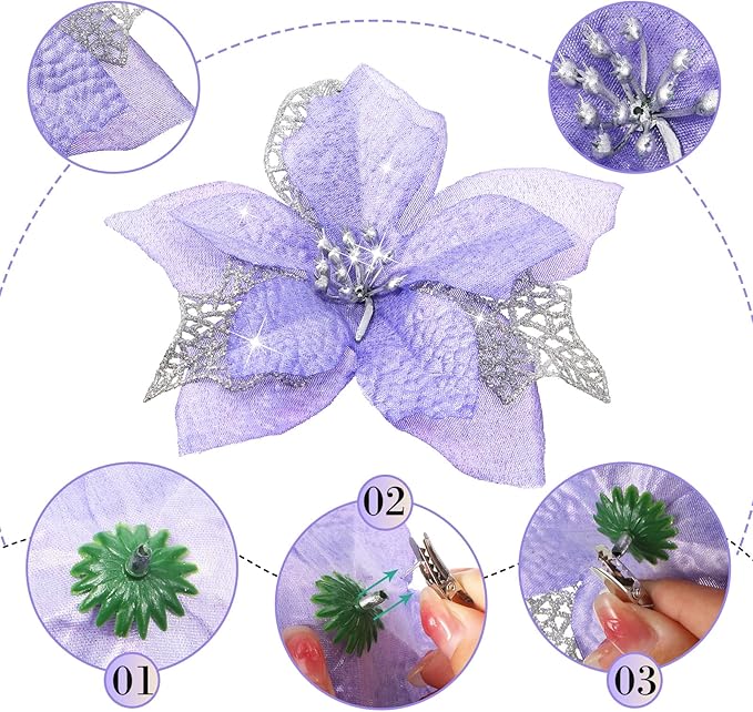 Boao 24 Pieces Christmas Artificial Glitter Poinsettia Flowers Xmas Flowers Wedding Christmas Tree New Year Ornaments(Light Purple)