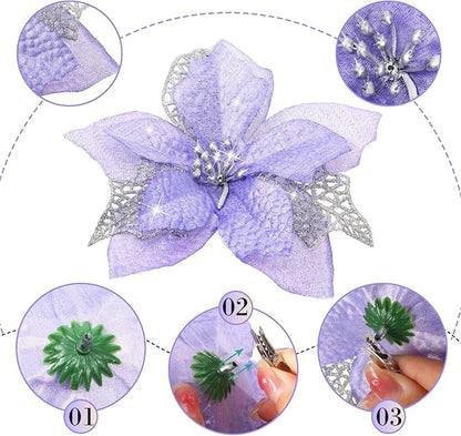 Boao 24 Pieces Christmas Artificial Glitter Poinsettia Flowers Xmas Flowers Wedding Christmas Tree New Year Ornaments(Light Purple)