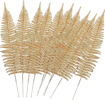 CATTREE Artificial Gold Plants Large Fern Leaves Tall 23" - 10 Pack, Fake Boston Ferns Golden Plant Decorations Plastic Faux Foliage Shrubs Simulated Leaf for Party Wedding Table Centerpiece DIY Décor