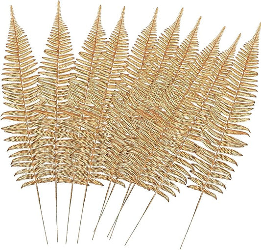 CATTREE Artificial Gold Plants Large Fern Leaves Tall 23" - 10 Pack, Fake Boston Ferns Golden Plant Decorations Plastic Faux Foliage Shrubs Simulated Leaf for Party Wedding Table Centerpiece DIY Décor