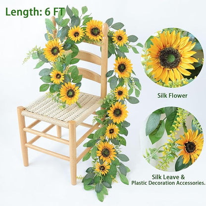 Mizii Artificial Sunflower Garland 6FT Fake Silk Sunflowers Flower Garland Autumn Hanging Vines Decorations for Kitchen Table Centerpieces Room Wall Party Wedding Birthday Fall Decor (Yellow)