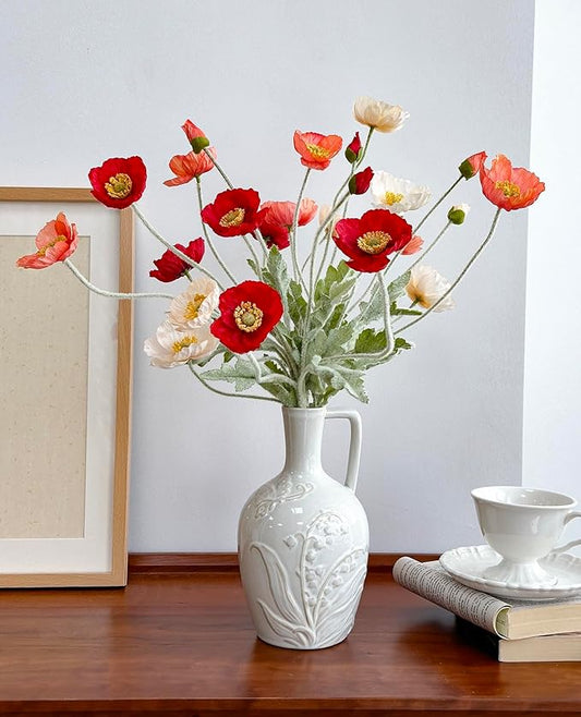 Set of 6 Red Coral Pink and Champagne Mixed Poppy Flowers Artificial, Silk Flowers with Stems for Vase for Wedding Party Home Office Indoor Kitchen Dining Table Centerpiece Decoration