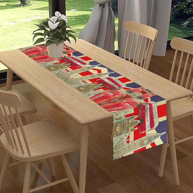 British Table Runner, Seasonal Vintage Buildings England London Culture Element Coffee Table Center Decor for Home Kitchen Dining Patio Holiday Party Table Decorations 13x90 inches