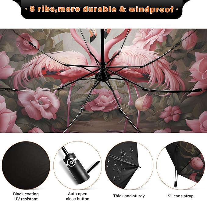 Automatic Folding Umbrella Windproof Strong, UV Protection Compact Floral Hydrangea Hummingbird Sun Rain Sun Rain Travel Umbrellas for Women Men
