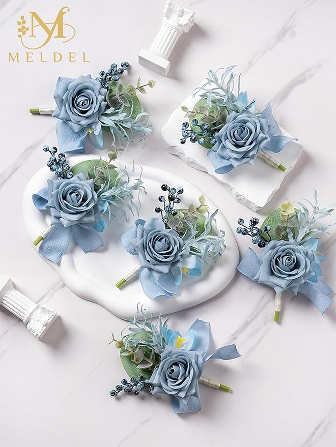 Meldel Dusty Blue Rose Boutonniere for Men,Set of 6,Groomsmen Groom Boutonnieres for Wedding Corsage Ceremony Anniversary, Formal Dinner Party, Fall Vintage Rustic Marriage Prom Flower