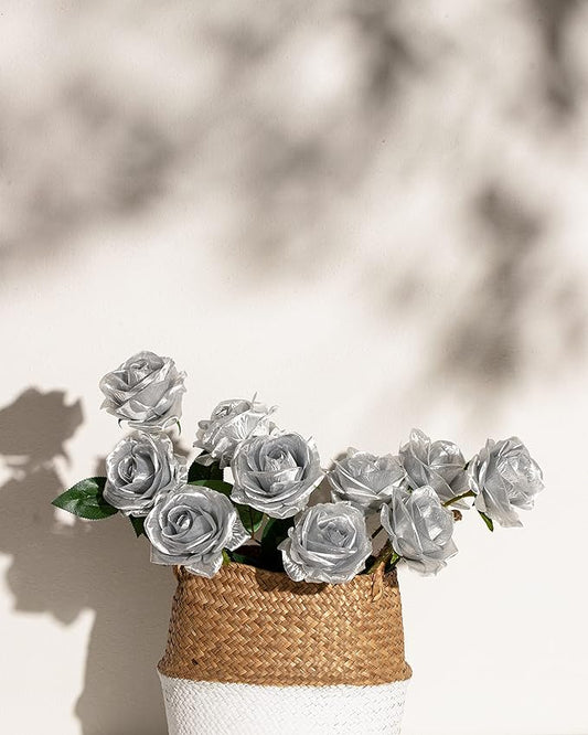 DuHouse 10pcs Silk Roses Artificial Flowers Fake Rose for Arrangement Wedding Party Home Decoration (Silver)