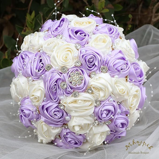 Bridal Wedding Bouquet Round Bling Brooch Bouquet Throw Toss Artificial Rose Flower Bunch for Bride Bridesmaid Wedding Quinceanera(Light Purple & Ivory, 6.3")