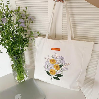 Cotton Canvas Tote Bag Reusable Soft Grocery Cloth Bag Floral Shoulder Bag for Beach Travel Shopping