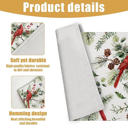 Red Cardinal Placemats Set of 6, Christmas Berry Bird Linen Place Mat Washable Stain Resistant Table Mats for Farmhouse Kitchen Dining Party Wedding Decor 12x18 Inch