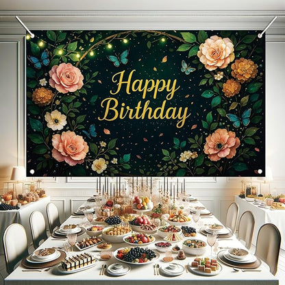 Greenery Birthday Backdrop Sage Green Floral Butterfly Banner String Lights Party Decorations Photography Background for Women Girls Birthday Supplies Photo Booth Prop 71 x 43 Inch