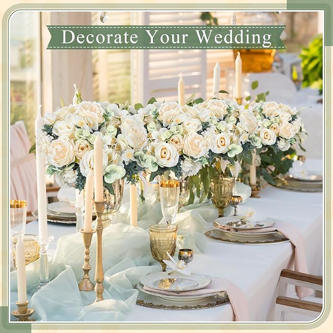 6 Pcs Artificial Peony Silk Florals Fake Mix Silk Peony Rose Faux Flower Hydrangea Bouquet Elegant Realistic Wedding Floral Centerpiece for Home Party Table Arrangement (Champagne)