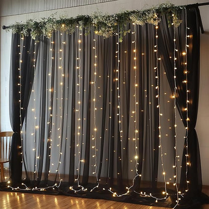 30ft x 10ft Black Backdrop Curtain with Lights String for Parties, Sheer Tulle Wedding Photo Backdrops Drapes for Baby Shower Birthday Party Decorations Background for Photography