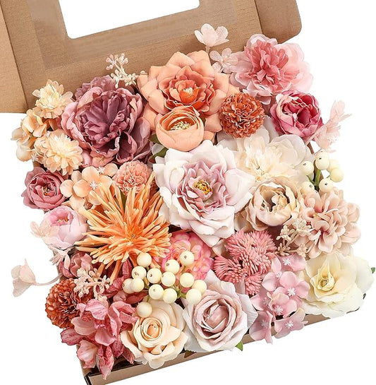 YYHUAWU Artificial Flowers Combo Set Fake Flower Leaf Box with Stems for DIY Wedding Bouquets Centerpieces Flower Arrangements Decorations Baby Shower Party Home Decorations Orange Pink