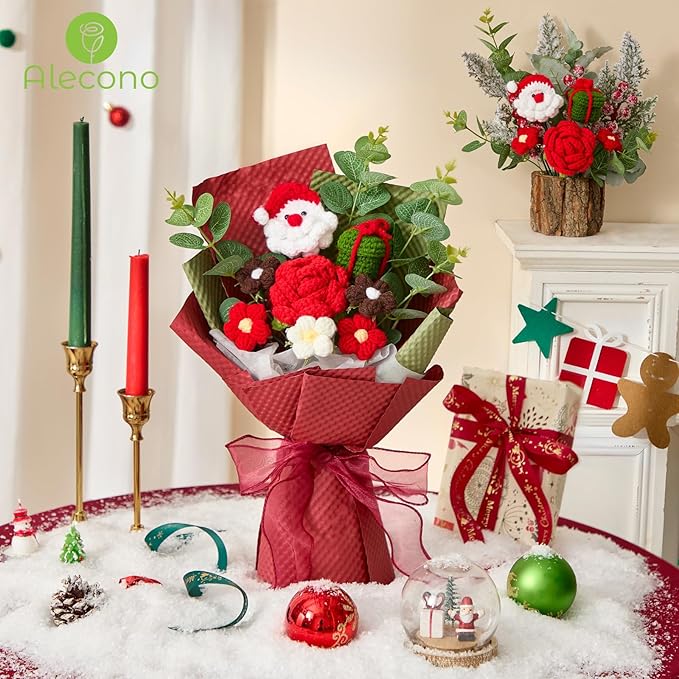Alecono Crochet Flower Bouquet, Christmas Knitted Flowers, Red Handmade Father Christmas Santa Claus Bouquet of Flowers for Kids Festival Gifts (Include Card)