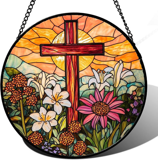 Christian Gifts for Women - Cross Stained Glass Window Hanging Easter Flower Sunset Landscape Sun Catcher Garden Religion Decor Mother's Day Catholic Gift for Men Grandma Mom Her Nana 6.3"