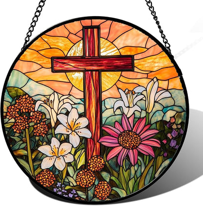 Christian Gifts for Women - Cross Stained Glass Window Hanging Easter Flower Sunset Landscape Sun Catcher Garden Religion Decor Mother's Day Catholic Gift for Men Grandma Mom Her Nana 11.8"
