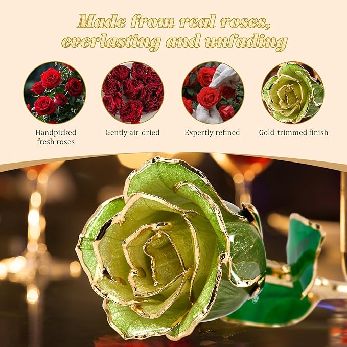 Mikasol Real 24K Gold Dipped Realistic Rose – Timeless Lifelike Bloom with Heart Puzzle Base – Romantic Gradient Green Flower Gift for Her, Wife, Girlfriend, Mom – Birthday, Anniversary, Mother’s Day
